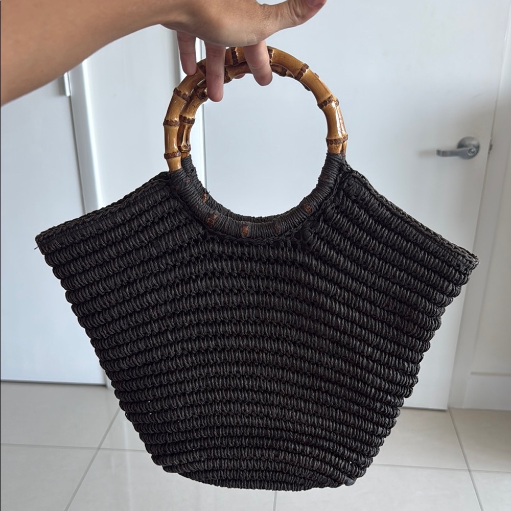 Black Woven Bag with Bamboo Handle